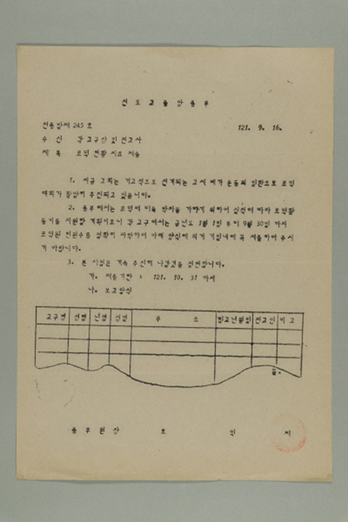 1980년 천도교중앙총부 종무원장 오익제가 각 교구장 및 전교사에게 송부한 공문(천총발 제245호-포덕 현황 자료 제출) 섬네일 파일
